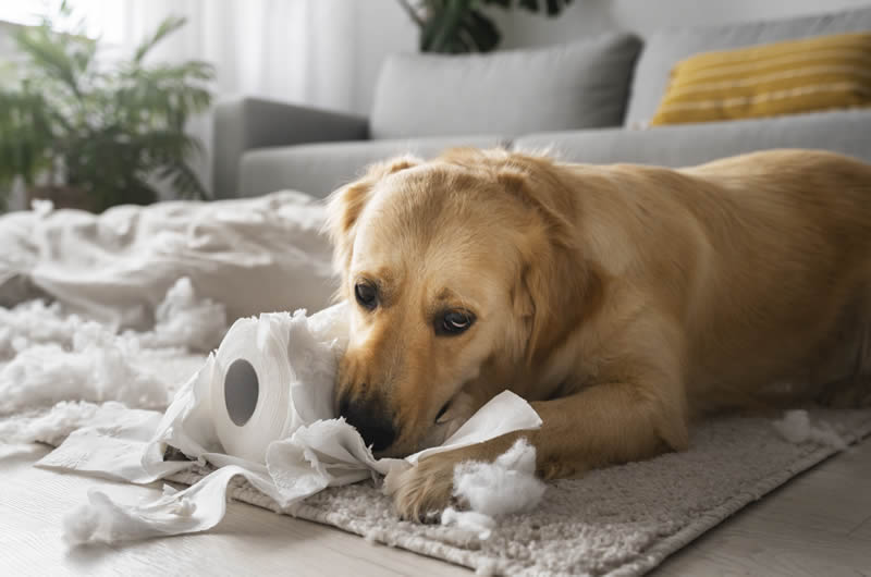 dog chewing toilet tissue